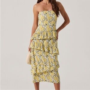 ASTR Floral Plisse Asymmetrical Tiered Ruffle Yellow Strapless Dress